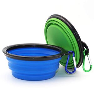 Dog Bowl, 2 Pack Collapsible Water Bowls for Cats, Portable Pet Feeding Watering Dish for Walking Parking Traveling with 2 Carabiners (Small, Blue+Green)