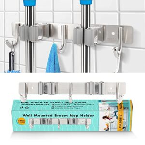 FULGENTE Broom Mop Holder Wall Mount Stainless Steel 304 Storage Organizer Heavy Duty Tools Hanger for Kitchen Bathroom Closet Garage Office Garden with 2 Racks 3 Hooks