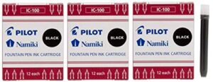 pilot namiki ic100 fountain pen ink cartridges, 12 per pack (pack of 36, black)