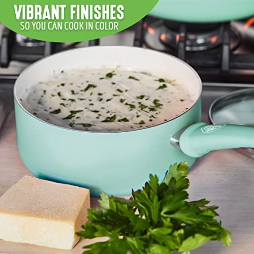 GreenLife Soft Grip Healthy Ceramic Nonstick, 1QT and 2QT Saucepan Pot Set with Lids, PFAS-Free, Dishwasher Safe, Turquoise