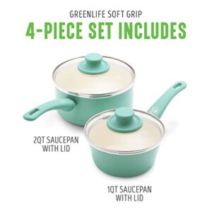 GreenLife Soft Grip Healthy Ceramic Nonstick, 1QT and 2QT Saucepan Pot Set with Lids, PFAS-Free, Dishwasher Safe, Turquoise