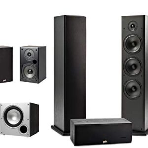 Polk Audio 5.1 Channel Home Theater System with Powered Subwoofer |Two (2) T15 Bookshelf, One (1) T30 Center Channel, Two (2) T50 Tower Speakers, PSW10 Sub | Alexa + HEOS