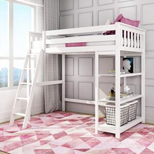 max & lily high loft bed, twin bed frame for kids with bookcase, white