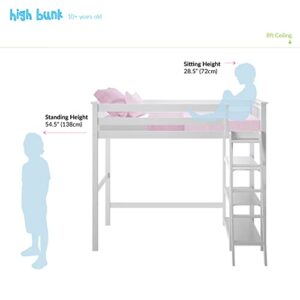 Max & Lily High Loft Bed, Twin Bed Frame For Kids With Bookcase, White