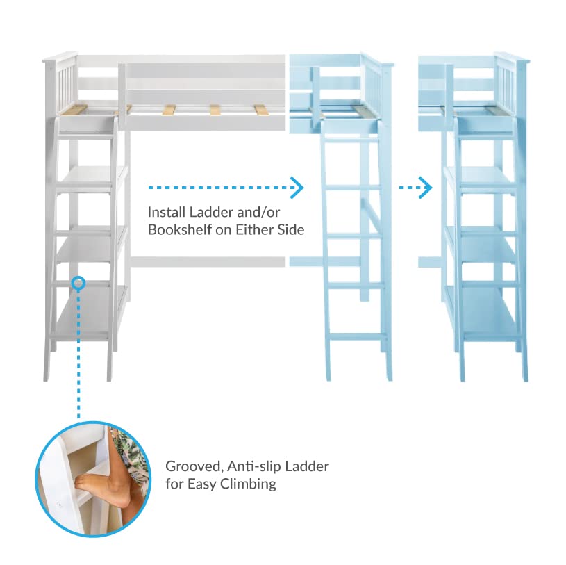 Max & Lily High Loft Bed, Twin Bed Frame For Kids With Bookcase, White