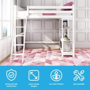 Max & Lily High Loft Bed, Twin Bed Frame For Kids With Bookcase, White