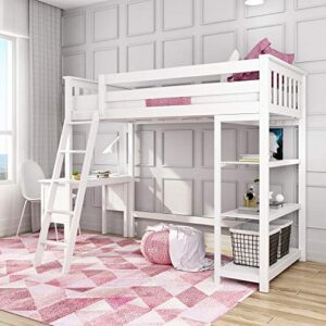 max & lily high loft bed, twin bed frame for kids with bookcase and desk, white