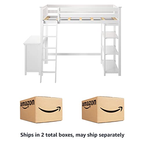 Max & Lily High Loft Bed, Twin Bed Frame for Kids With Bookcase and Desk, White