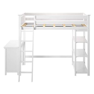 Max & Lily High Loft Bed, Twin Bed Frame for Kids With Bookcase and Desk, White