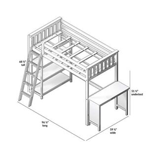 Max & Lily High Loft Bed, Twin Bed Frame for Kids With Bookcase and Desk, White