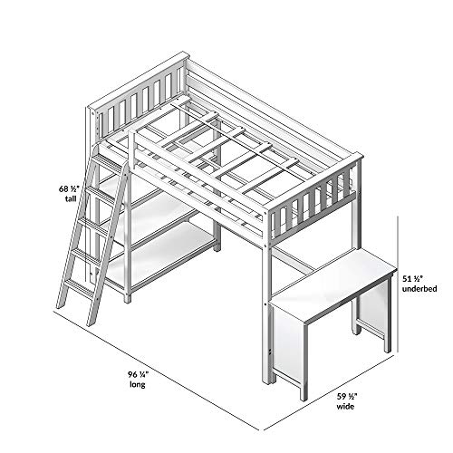 Max & Lily High Loft Bed, Twin Bed Frame for Kids With Bookcase and Desk, White