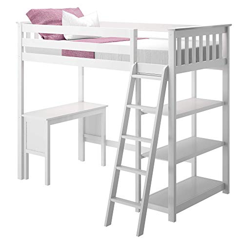 Max & Lily High Loft Bed, Twin Bed Frame for Kids With Bookcase and Desk, White