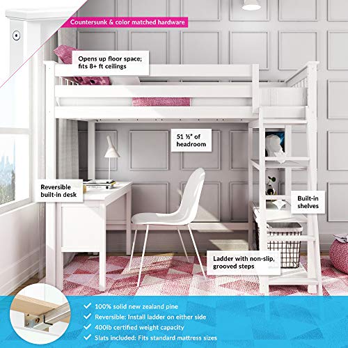 Max & Lily High Loft Bed, Twin Bed Frame for Kids With Bookcase and Desk, White