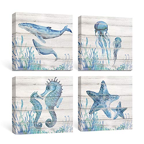 SUMGAR Ocean Wall Art Bathroom Rustic Decor Beach Coastal Canvas Paintings Farmhouse Navy Blue Pictures Seahorse Starfish Nautical Artwork Set of 4 Marine Life Theme Bedroom Decorations 12x12 inch