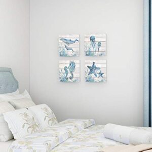 SUMGAR Ocean Wall Art Bathroom Rustic Decor Beach Coastal Canvas Paintings Farmhouse Navy Blue Pictures Seahorse Starfish Nautical Artwork Set of 4 Marine Life Theme Bedroom Decorations 12x12 inch