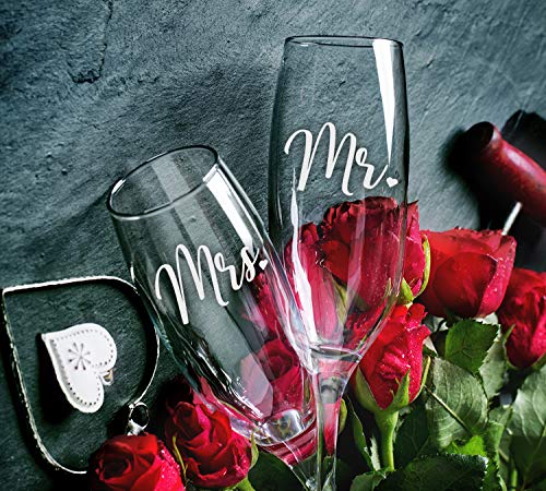 Sweetzer & Orange Bride and Groom Champagne Glasses (8 oz) Engraved Mr and Mrs Glasses for Wedding Glasses and Toasting Flutes, Bridal Shower Gifts, Engagement Gift. Boxed Mr and Mrs Gifts