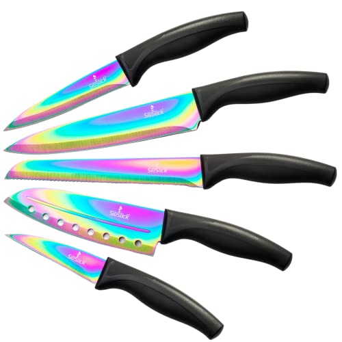 SiliSlick Kitchen Knife Set Professional, Titanium Coated Stainless Steel Blades, Dishwasher Safe, Safety Sheaths, 5 Knives