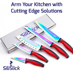 SiliSlick Kitchen Knife Set Professional, Titanium Coated Stainless Steel Blades, Dishwasher Safe, Safety Sheaths, 5 Knives