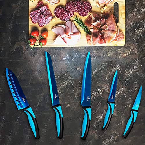 SiliSlick Kitchen Knife Set Professional, Titanium Coated Stainless Steel Blades, Dishwasher Safe, Safety Sheaths, 5 Knives