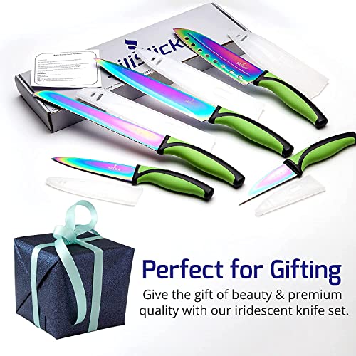 SiliSlick Kitchen Knife Set Professional, Titanium Coated Stainless Steel Blades, Dishwasher Safe, Safety Sheaths, 5 Knives