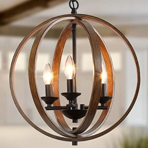 log barn farmhouse chandeliers, faux-wood globe hanging 3-light fixture for dining & living room, bedroom, foyer and entryway