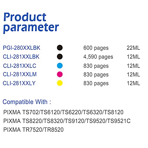 EASYPRINT (5 Pack) Compatible PGI280XXL CLI281XXL Ink Cartridge Replacement for Canon 280XXL PGI-280XXL CLI 281XXL TR7520 TR8520 TS702 TS6120 TS8320 TS9120 TS9521C, (PGBK, BK, C, M, Y)