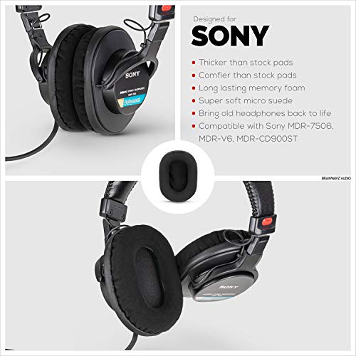 BRAINWAVZ Replacement Micro Suede Earpads for Sony MDR 7506, V6, CD900ST, Memory Foam Ear Pad & Suitable for Other On Ear Headphones, Micro Suede Black