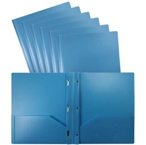 better office products light blue plastic 2 pocket folders with prongs, 24 pack, heavyweight, letter size poly folders with 3 metal prongs fastener clips, light blue