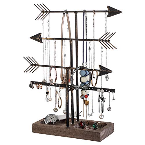 Urban Deco Arrow Jewelry Organizer Stand 4-Tier Black Jewelry Stand Necklace Organizer With Wooden Ring Holder For Jewelry Display Bracelet Holder Stand Earring Organizer For Girls - Black