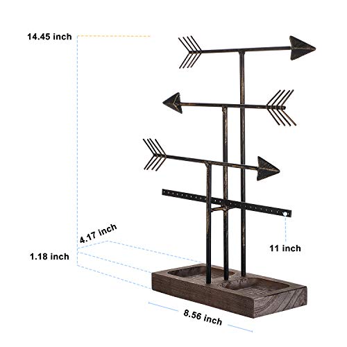 Urban Deco Arrow Jewelry Organizer Stand 4-Tier Black Jewelry Stand Necklace Organizer With Wooden Ring Holder For Jewelry Display Bracelet Holder Stand Earring Organizer For Girls - Black