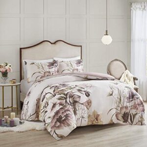 madison park 100% cotton duvet set beautiful floral design, all season, breathable comforter cover bedding set, matching shams, king/cal king(104"x92"), blush 3 piece