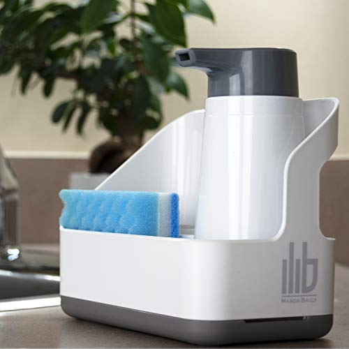 Sink Caddy Sponge Holder - Kitchen Sink Organizer with Adjustable Compartment Dividers and Drip Drain Tray - Slim White Plastic Design - For Dish Cleaning, Brush, Scrubbie Storage - Dishwasher Safe