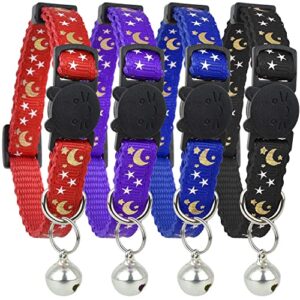 upgraded version - cat collar stars and moon, 4-pack, reflective with bell, solid & safe collars for cats, nylon, kitty collars, pet collar, breakaway cat collar, free replacement