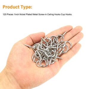 Powlankou 1inch Nickel Plated Metal Screw-in Ceiling Hooks Cup Hooks Silver, 120 Pieces