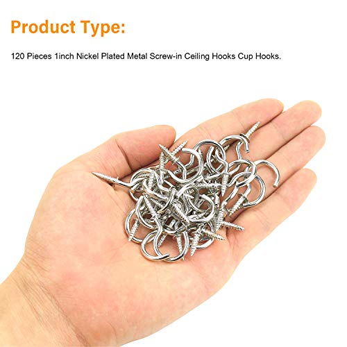 Powlankou 1inch Nickel Plated Metal Screw-in Ceiling Hooks Cup Hooks Silver, 120 Pieces