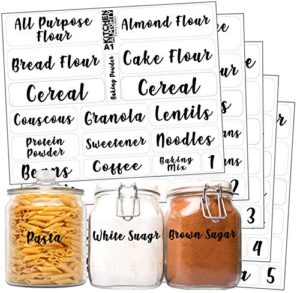 kitchen pantry food organization clear labels: 102 attractive gloss artistic preprinted water resistant label set to organize storage containers, jars & canisters w/extra write-on stickers