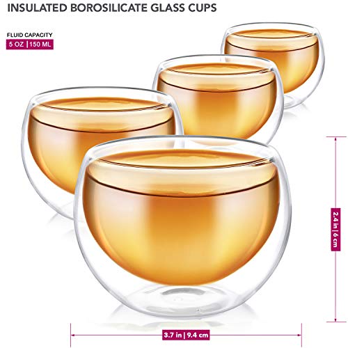 Teabloom Double Walled Cups (5 oz / 150 ml) – Set of 4 Insulated Glass Cups for Tea, Coffee, Espresso, Wine and More – Classica Teacups Collection