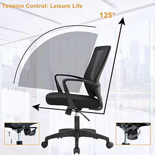 Ergonomic Office Chair with Lumbar Support Desk Chair, Task Chair with Armrest Mesh Chair Back Support, Mid Back Computer Chair Adjustable Swivel Executive Chair Comfortable Home Study Chair, Black