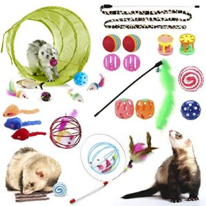 sungrow ferret tunnel and assorted toys variety pack, interactive kitten & ferret toys & accessories, for indoors, teaser wand, crinkle balls, bell set, etc., 30 pcs per pack