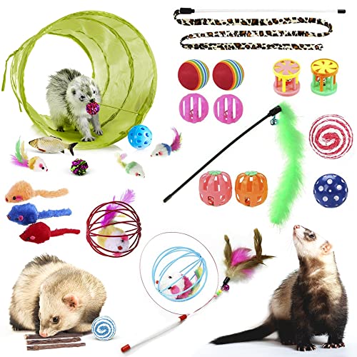 SunGrow Ferret Tunnel and Assorted Toys Variety Pack, Interactive Kitten & Ferret Toys & Accessories, for Indoors, Teaser Wand, Crinkle Balls, Bell Set, etc., 30 Pcs per Pack