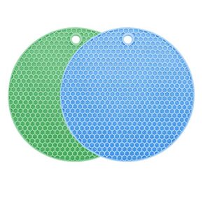 disino silicone trivet mats, heat resistant potholder thick hot pads for kitchen counter, durable non-slip jar opener (blue and green, set of 2)
