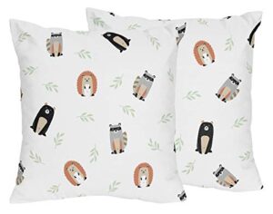 sweet jojo designs bear raccoon hedgehog forest animal decorative accent throw pillows for woodland pals collection - set of 2 - neutral beige, green, black and grey