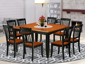 east west furniture 9pc square 36/54 inch table with 18 in leaf and 8 vertical slatted chairs