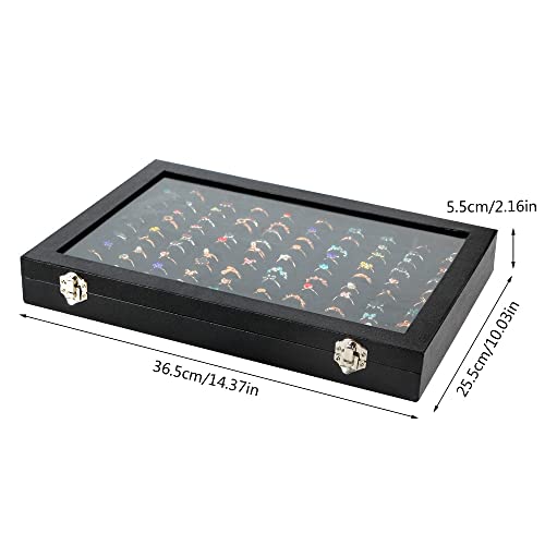 Bivisen Ring Display Case Organizer Box with Transparent Lid, 100 Slots Ring Storage Display Box Case Tray Holder PU Leather Black