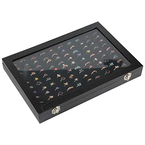 Bivisen Ring Display Case Organizer Box with Transparent Lid, 100 Slots Ring Storage Display Box Case Tray Holder PU Leather Black