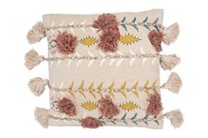 creative co-op creative co-op cotton embroidered pillow with tassels and applique, pink