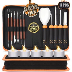 upgraded 17 pcs pumpkin carving kit for adults & kids with professional detail sculpting tools, heavy duty stainless steel knife set with carrying case for halloween decoration