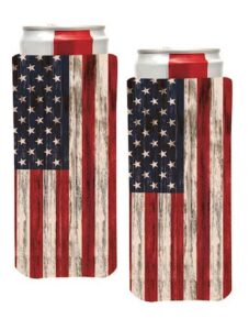 pkm - (2) distressed usa american flag slim can cooler sleeve - beer blank skinny 12 oz neoprene coolie - perfect for 12oz red bull, michelob ultra,truly