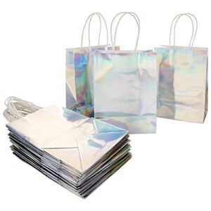 andaz press iridescent party bags with handles, 5.75 x 7.75 inches, 25 pack holographic silver foil gift bags, treat bags, favor bags, party favors, favor gifts for guests, thank you bags, welcome ba