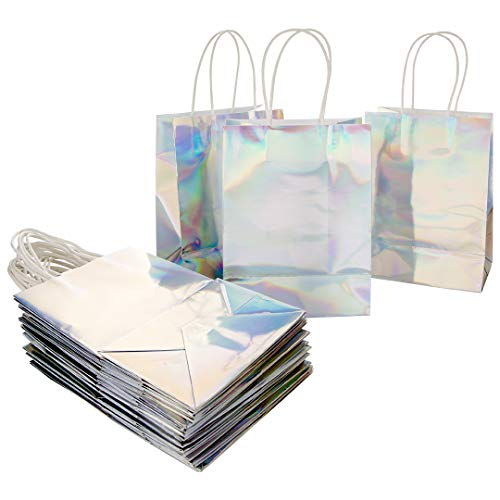 Andaz Press Iridescent Party Bags with Handles, 5.75 x 7.75 inches, 25 Pack Holographic Silver Foil Gift Bags, Treat Bags, Favor Bags, Party Favors, Favor Gifts for Guests, Thank You Bags, Welcome Ba